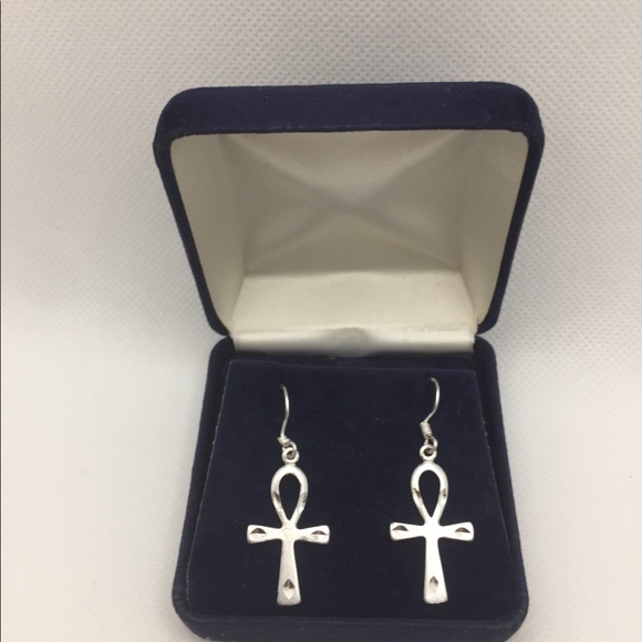 STERLING SILVER EGYPTIAN CROSS EARRINGS - Picture 3 of 8